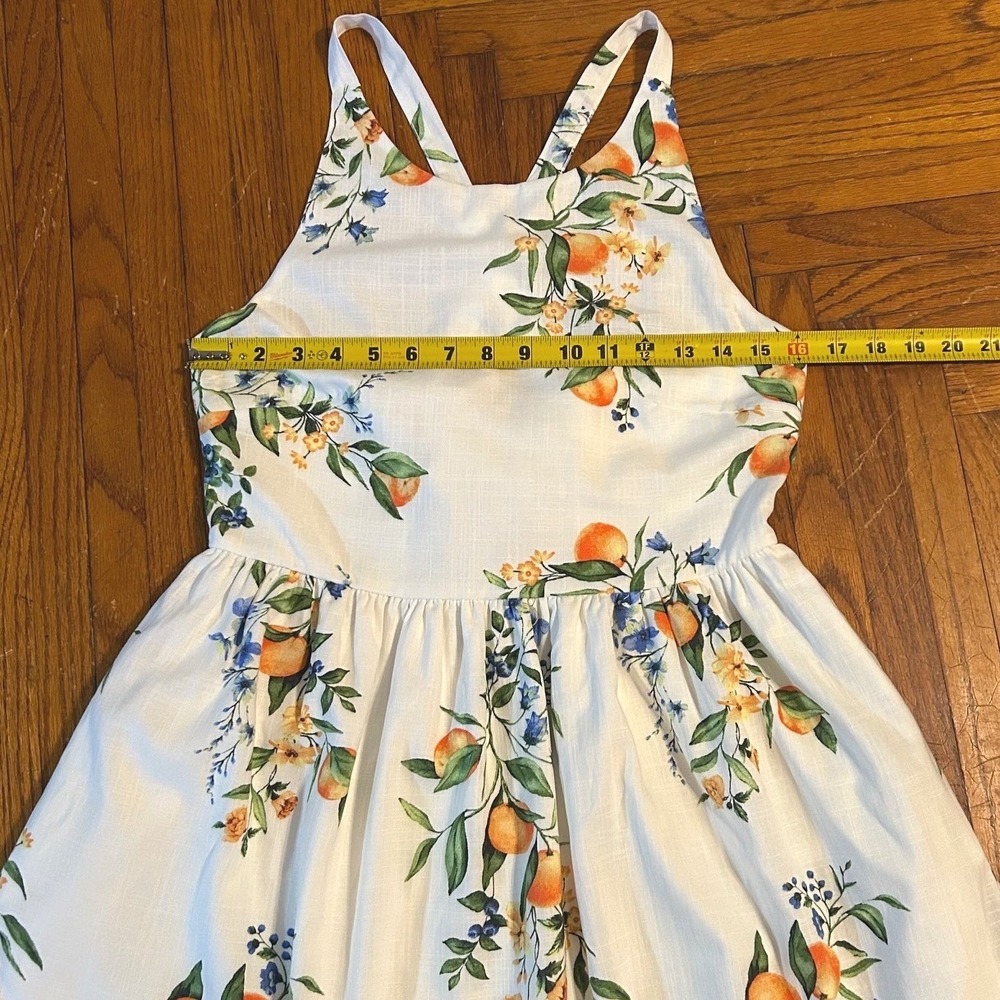 Citrus Botanical Midi Dress SZ S White Orange Mediterranean Vacation Resortwear - Picture 6 of 13